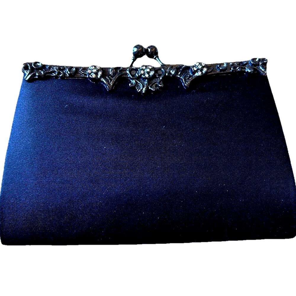 Jessica McClintock Black SatinPurse Chain Shoulder Strap KissLock Clutch Bag